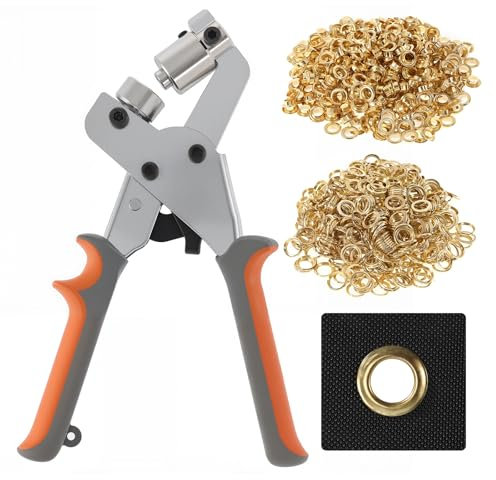 Dyna-Living Eyelet Punch Kit Grommet Handheld Hole Punch Pliers Grommet Machine with 500 Golden Grommets of 3/8 inch(10.5mm), Portable Metal Manual Grommet for Belts, Crafts, Rubber