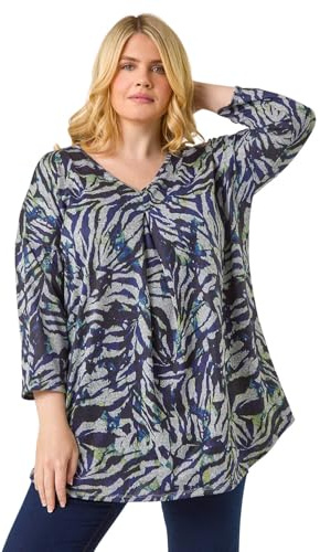 Roman Originals Leaf V Neck Stretch Jersey Top for Women UK Ladies Pleated Shirt Notch V Neck Blouse Summer Tunic Pull-On Soft Evening Holiday Work Party Everyday - Navy Plus - Size 20