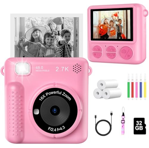 CUIOLTOY Kids Instant Print Camera, 2.4 16X Zoom, 1080P Digital Camera with 32GB Card & Print Papers - Pink