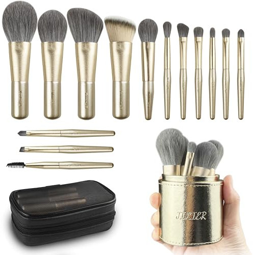 Meet You Travel Mini Pinselset Makeup, 14 Stück Premium Synthetik Make up Pinsel Set, Makeup Pinsel in Reisegröße und Kosmetiktasche, Perfekt für Reisen & unterwegs, Holzgriff, 100% Veganer