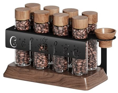 Gernshe Single Dose Coffee Bean Storage Tubes with One-Way Exhaust Valve,Coffee Bean Container with American Walnut Wood Base,Funnel and Lids,Espresso Bean Storage with 8Pcs Glass Tubes