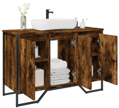 Gecheer Mobile Lavabo Bagno Rovere Fumo 91x35x60 cm in Truciolato,Armadietto Autoportante,Mobile da Bagno con Lavabo,Mobile Sottolavabo per Bagno,Mobiletto da Bagno Salvaspazio,P848661
