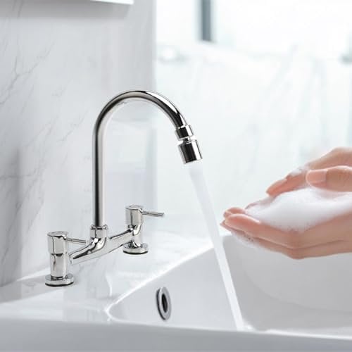 Mitigeur de comptoir, robinet de cuisine à 2 trous avec aérateur 2 fonctions, robinet pont, robinet d'eau chaude et froide à deux poignées, pour salle de bain, bec rotatif à 360°
