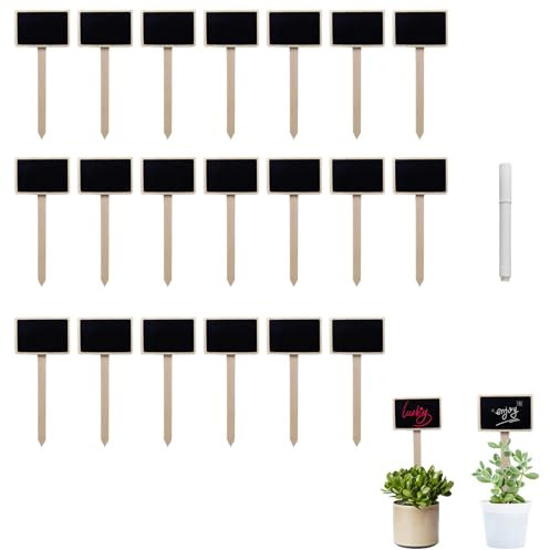Pizarras de Madera con Etiquetas de Palo, Marcadores de Plantas de Madera Negra con Marcador, 20 Etiquetas + 1 Marcador, Tamaño 6.3 x 4.2 cm, 15 cm de Largo