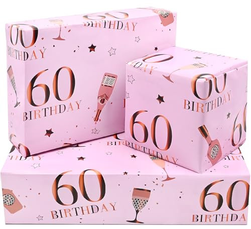ADQUATOR Geschenkpapier zum 60. Geburtstag, 50 x 70 cm, Roségold und Rosa, Geschenkpapier zum 60. Geburtstag, für Frauen und Damen (5 Blatt)