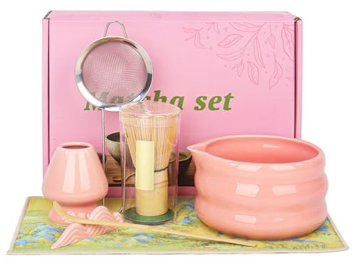 Nwvuop 7 Stück Matcha Set Matcha Besen Set mit Matcha Schale und Sieb Matcha Tee Set Rosa
