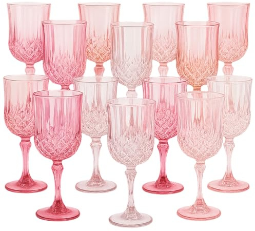 Vesici Weingläser aus Kunststoff, Vintage-Stil, wiederverwendbar, bunt, unzerbrechlich, gemustert, Trinkgläser, Trinkgläser, Becher für Hochzeit, Empfang, Partyzubehör, 24 Stück (Rosa)