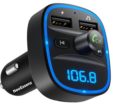NeoEssenz FM Transmitter Adaptor for Cars, 5.3 FM Bluetooth Car Adapter, Bluetooth Wireless Radio Adapter, Dual USB Ports (5V/2.4A & 1A), Hands-Free Calling, MP3 Player Support TF Card & USB Flash Dri
