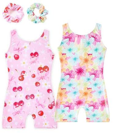 Tstiti Gymnastics Leotards for Girls 2 Pack Sparkly Kids Biketards Dance Unitards Matching Hair Scrunchies Green Cherry 7-8 Years