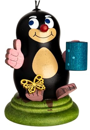Kuhnert Dekoration/Holzfigur Maulwurf Anna - mit Tasse - handgefertigte kleine Dekofigur - Größe: ca. 6cm - Erzgebirgische Holzkunst - Made in Germany