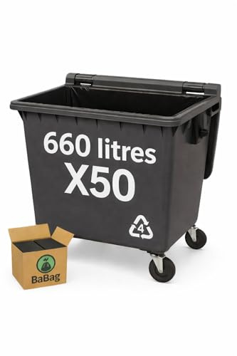 BaBag | Sac Poubelle 660L x 50 | Epaisseur 30 Microns | Certifié RSGP | Déchet Lourd & Coupant | Plastique 100% Recyclé | Étanche & Anti-Odeur | Housse Protection Conteneur 660 Litres | 50 Sacs