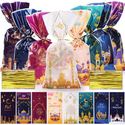Hianjoo 100 Stück Eid Mubarak Geschenktüten mit Drehbändern, Ramadan Geschenktüten mit 8 verschiedenen Mustern, Geschenktüte aus Zellophan für Ramadan und Eid Mubarak Party Deko, 27.5 x 12.5 cm