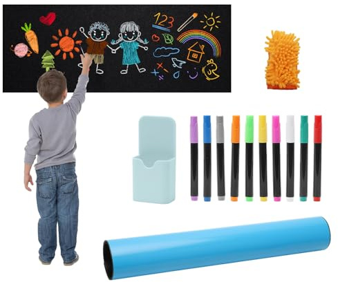 Magnetische Tafelfolie Selbstklebend Schwarz 120x43 cm, Magnetfolie Selbstklebend Schwarz, Abwischbar Kreidefolie, Magnettafel Folie mit 10 Stift, 1 Markerhalter, 1 Lappen, für Zuhause, Schule & Büro