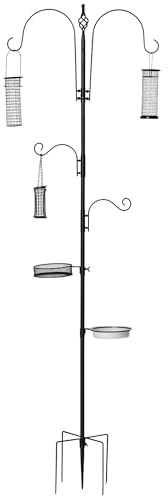 PawHut Station d'alimentation pour Oiseaux en Acier, mangeoir à Oiseaux sur Pied 208H cm avec 4 Crochets, récipient pour Eau et Plateaux à Nourriture, Noir