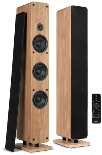 Audizio ARCO Bluetooth HiFi Floor Standing Speaker System Pair with Wireless Pairing, 160W HiFi Active Stereo Towers with Optical, USB, AUX, Remote, Independent Downlight, Light Wood