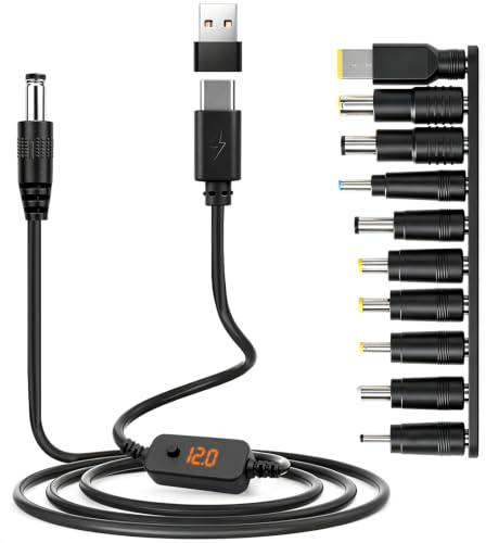 Cable Adaptador USB C a DC 100W, con Voltaje Ajustable 5V, 9V, 12V, 15V y 20V, Universal PD a DC Cable Adaptador con 10 Conectores para Router, Tablet, Portátil, Cámara y Puerto USB de 12V