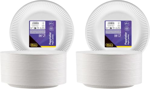 Idena 50160 - Assiette de fête Blanc, 200 pièces,⌀ 23 cm, Certifié FSC, Assiette en Carton 100% compostable, pour Les fêtes, barbecues et Pique-niques (Lot de 2)