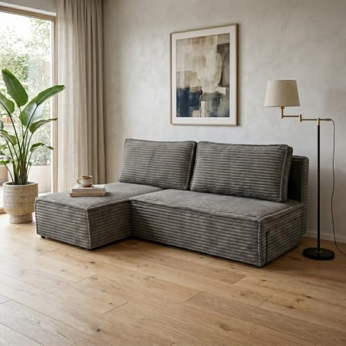 Mebligo Ecksofa FORANO mit Schlaffunktion und Bettkasten Modernes Cord Schlafsofa 140x200 cm, Bequeme Wohnlandschaft mit Stauraum, Couch für Wohnzimmer weicher Plüschstoff, Cordstoff Dunkelgrau Links