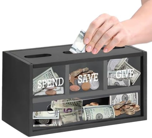 PithCogent Sparar Box |Spara Spend Ge Bank för barn, 3 fack, svart | 3 separata fack, bra för barn som lär sig budgetering, passar väggar och bänkskivor