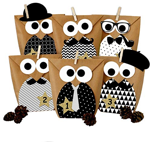 Papierdrachen DIY Adventskalender zum Befüllen - Weihnachtseulen - Eulen Weihnachten - Set Schwarz weiß Gentlemen Edition - zum selbst basteln - als Geschenk für den Freund oder Ehemann