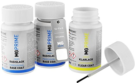 MG PRIME Peinture voiture Stylos de retouche pour Ford 7VTAWWA + vernis | 7VTAWWA / PN3GZ0 / H, Blanc Glacier / Frozen White Solid, Kit peinture de fond + base + vernis, 50ml chacun