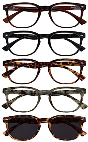 OPULIZE ORA Reading Glasses for Men Women With Reading Sunglasses - 5 Pack - Round Frame - Tinted UV400 Protection Lens - Spring Hinges - Black, Dark Brown, Brown & Grey - Brown Sunglasses +1.50