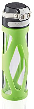 Leifheit Glasflasche Flip 600ml, 100% dichte Sportflasche, praktisches Öffnen mit einer Hand, Trinkflasche mit Filter für Fruchteinsatz, nachhaltige Wasserflasche, BPA frei, stoßfest, grün