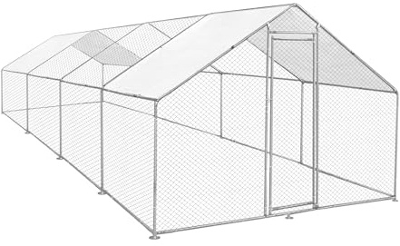Walk In Chicken Run Cage Coop 3m x 8m x 2m Galvanised Steel Dog Pen House Kennel Hutch Large Metal Enclosure Rabbits Ducks Poultry Roof Cover Shelter Pets Outdoor Backyard Farm Animal FREE Feed Scoop