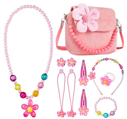 Kinder Schmuckset, Comius Sharp Kinderschmuck Kleine Mädchen Plüsch-Handtasche, mit Halskette Armband Ring und Ohrring Schmuckset, Prinzessinnen-Design, modisch,Blumenmuster, Handtasche (pink)