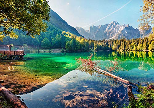 wandmotiv24 Fototapete Berge Gebirge See Wald, XL 350 x 245 cm - 7 Teile, Wanddeko, Wandbild, Wandtapete, Sommer Landschaft M6180