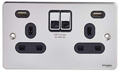 Schneider Electric GGBGU3524DBPC Ultimate Low Profile, USB Charging Ports, Polished Chrome with Black Insert, Switched Double Power Socket, 13 A