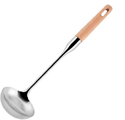 Stainless Steel Long Soup Ladle, Professional Kitchen Serving Spoons with Wooden Handle, Large Serving Ladle Chef Spoon for Cheese Soup, Chili, Gravy, Salad Dressing 1pc