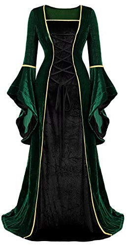 Josamogre Renaissance Femmes Robes Médiévale Velours Manches Longues Parti Déguisements Costume Halloween De Mariée Gothique Vert Noir S