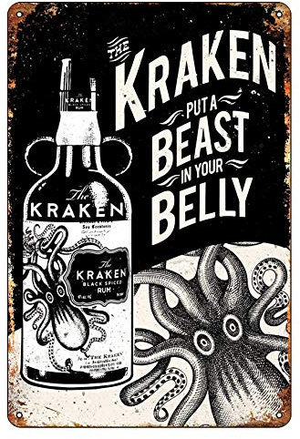 Novelty Vintage Ideal for Pub shed Bar Office Man Cave Home Bedroom Dining Room Kitchen Gift - Kraken Rum, Beast in the Belly - Retro Vintage - Tin signs Metal Poster Gift 200mm x 300mm