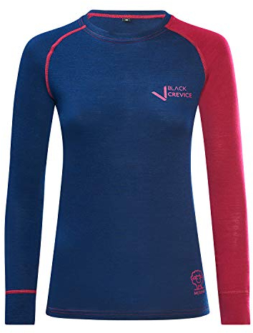 Black Crevice Damen Langarmshirt aus Merino Wolle in 40 - Steel Blue/Blood red I Funktionsshirt atmungsaktiv I Funktionsunterwäsche I Base Layer I Long Sleeve I Skiunterwäsche