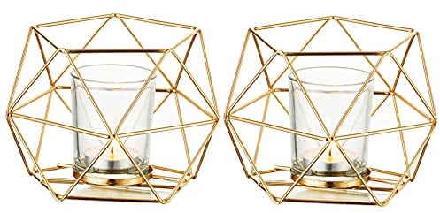 Romadedi Teelichthalter Kerzenhalter Metall Gold - 2er Set Geometrisches Teelichter Kerzenständer Stumpenkerze Windlicht Modern Geo Deko für Tischdeko Party Hochzeit Wohnzimmer Weihnachten
