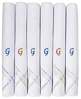 Caruso Italy Men's Initial Monogram G Embroidery 100% Pure Cotton Handkerchief White Base With Colored Border - Pack Of 6