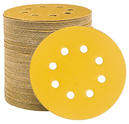 STEBRUAM 100 Stück Schleifpapier 125mm Klett 600 Körnung, Profi Gold Rund 8 Loch Schleifscheiben für Exzenterschleifer,Für Holz Metall und Farbe