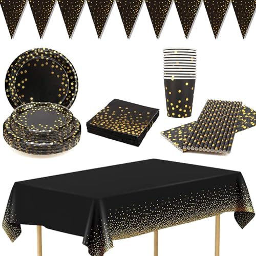 YXHZVON Vaisselle de Fête Or Noir, Vaisselle Jetable à Pois Doré Gobelets en Papier Assiettes en Papier Serviettes pour Fêtes Mariages Anniversaires (10 Invités)