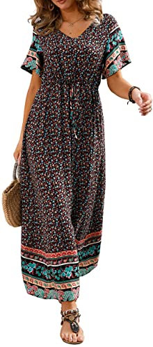 GRECERELLE Womens Summer Maxi Boho Beach Dress Floral Print Dress V Neck Short Sleeve Drawstring High Waist Flowy Long Midi Dresses (Blue Leadwort Black, M)