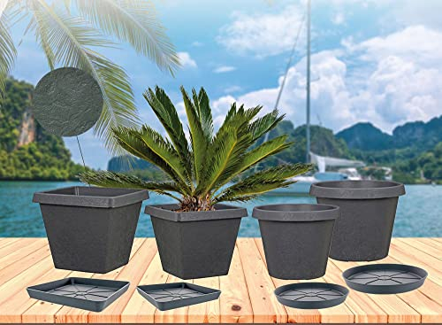 EuroDiscount Blumentopf Pflanztopf Pflanzkübel XL mit Untersetzer Kunststoff Anthrazit Steinoptik Wetterfest, Größe:34 cm Quadratisch