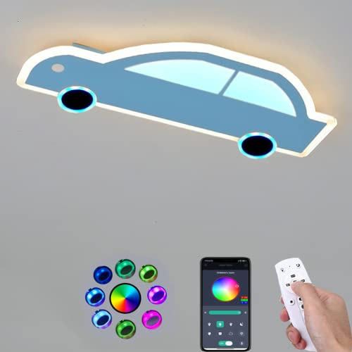 Deckenlampe Kinderzimmer Jungen, LED Deckenleuchte für Kinder im Auto Look, Dimmbar mit Fernbedienung und APP-Steuerung, RGB Farbwechsel, Kinderzimmerlampe, 36W 59 x 24x 4 cm,Blau