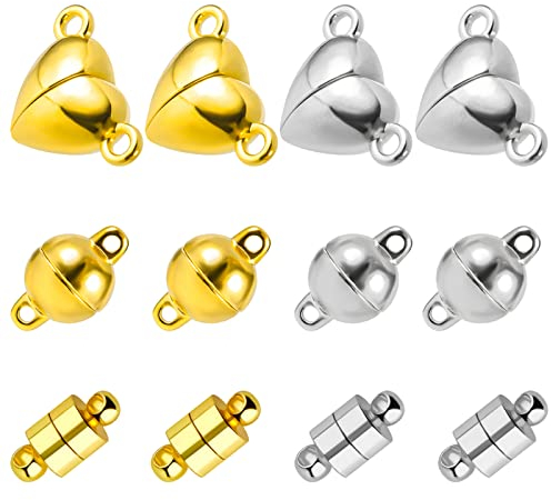 AIEX 12 Stück Verriegelung Magnetverschlüsse Schmuck Herstellung, Kugelförmig Zylinder Liebesherzform Magnetverschlüsse für Halsketten Armbänder DIY Schmuck, Starker Magnetismus (Silber, Gold)