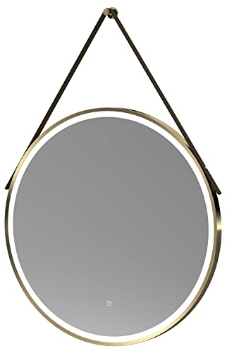 nuie LQ722 Salana Modern Bathroom Wall Hung Framed LED Touch Sensor Mirror, 800mm, Brushed Brass/Brown Strap