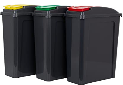 Wham 3 Piece 25L Plastic Recycle Bin Graphite/Assorted (Red/Green/Yellow Lids)