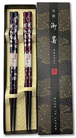 Premium Japanese Chopsticks Reusable 2pcs set [ Made in Japan ] Traditional Lacquer Art Wooden Chopsticks (Flower Navy/Purple(YM204))