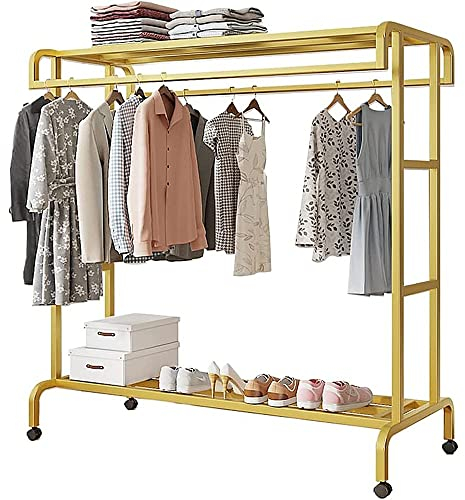 Kleiderständer Freistehender auf Rollen, Kleiderbügel Doppelruten Multifunktional Schlafzimmer Kleiderständer, Garderobenständer aus Metall für Mäntel, Röcke, Hemden, Pullover