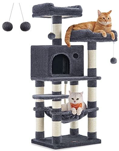 Feandrea Arbre à Chat Hauteur 112 cm, Tour de Jeux pour Chat, avec 11 Poteaux à Griffer, 2 Plateformes, 1 Niche, 1 Hamac, 2 Pompons, en Tissu Peluche, Plusieurs Niveaux, Gris foncé PCT215G01
