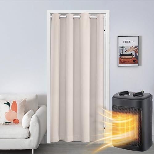 Qelus Thermal Insulated Curtain Panel - 52'' Width x 80'' Drop, Blackout Drape With Eyelets for Door, Doorway, Window, Living Room, Bedroom - Beige 1 Panel