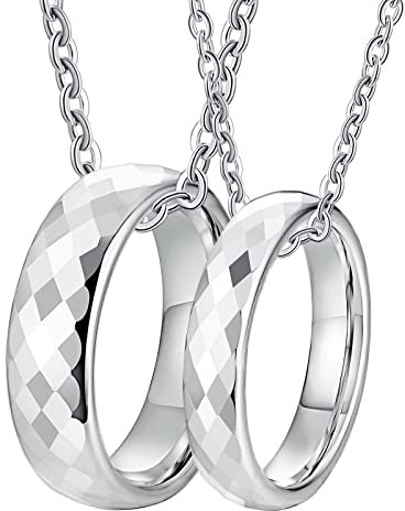 Men's Silver Chain Necklace, Couples Jewelry Necklace Tungsten Necklace Couple Multi Faceted Silver Ring 4mm 6mm Pendant Necklace Set W7 M10